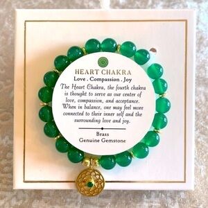 Brand New Heart Chakra Brass & Genuine Gemstone Green Beaded Stretch Bracelet